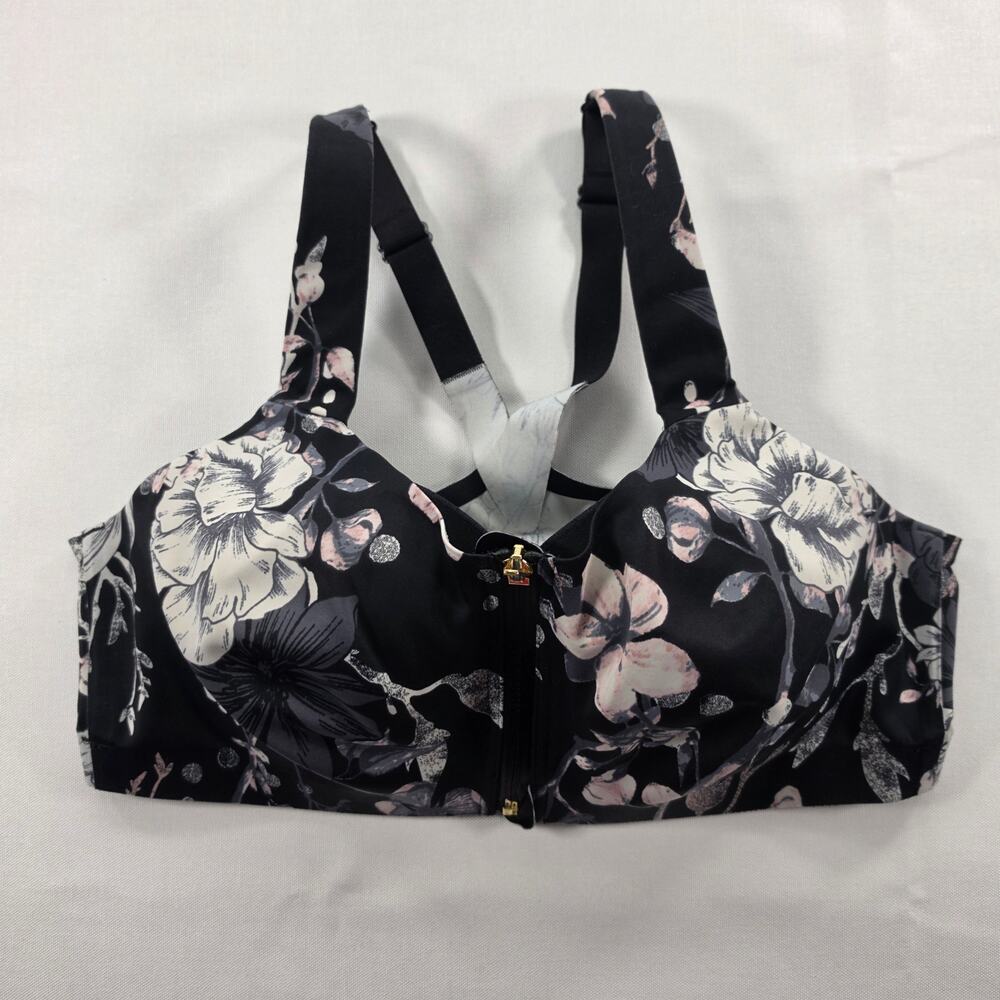 Victoria's Secret Knockout Sports Bra 38C Black Floral Front Zip Racerback